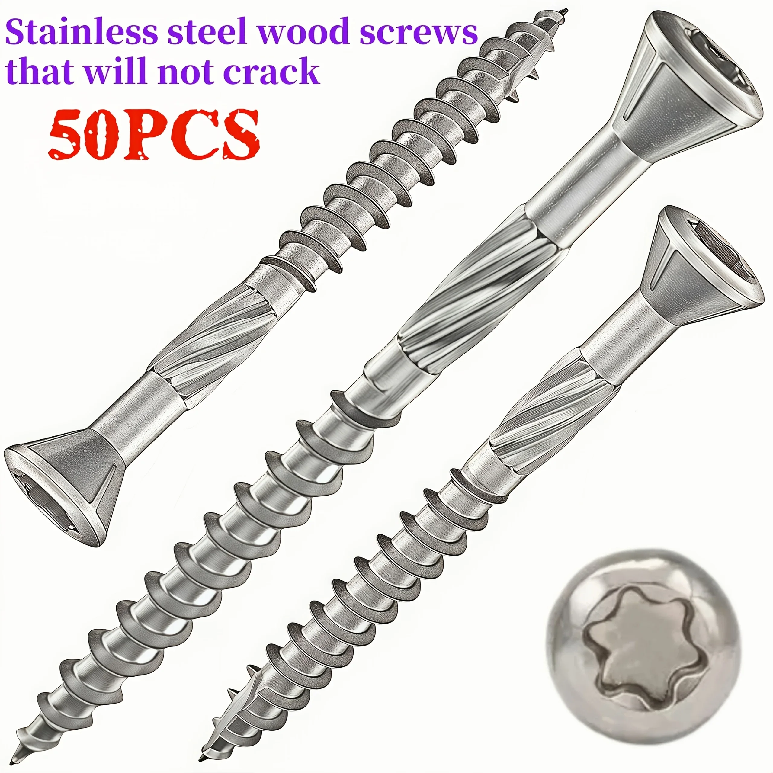 50 Pieces of Stainless Steel Self-Tapping Deck Wood Screws for Decking, Fence Assembly, Outdoor Wood Installation
