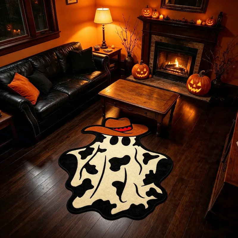 VIKAMA Cowboy Ghost Shaped Area Rug Western Style Cow Print Ghost Non Slip Floor Mat Decor Carpet For Bedroom Living Room Home