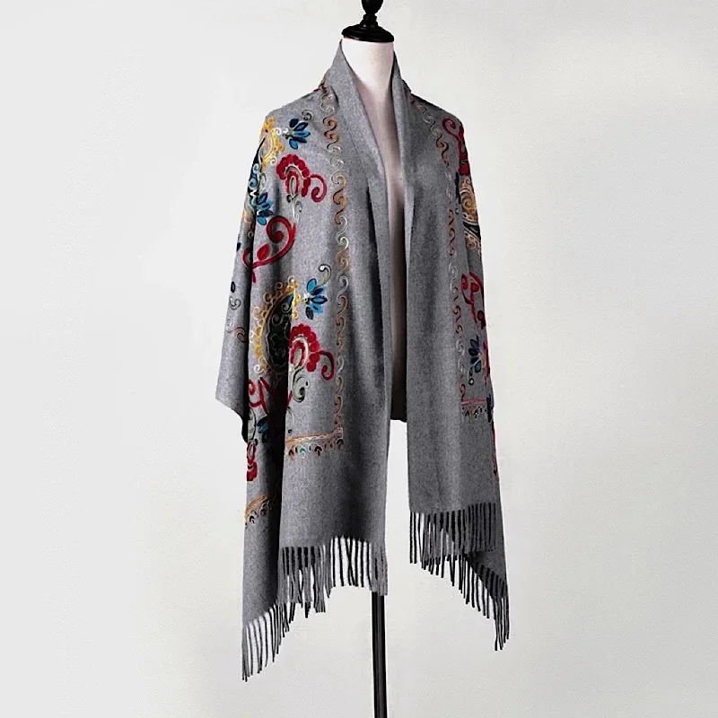 Poncho Cloak Embroidered Flower Scarf Imitation Cashmere Shawl Ethnic Style Tourism Cloak Warm and Wind Flowing Su Girl Gray