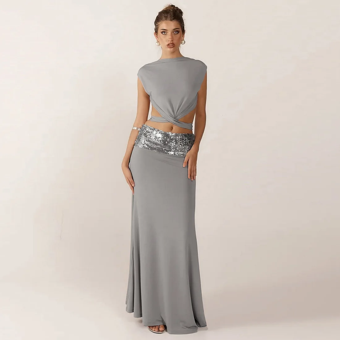 

Elegant 2 Piece Set for Women 2025 Summer New Backless Crop Tops Patchwork Long Skirts Party Club Streetwear