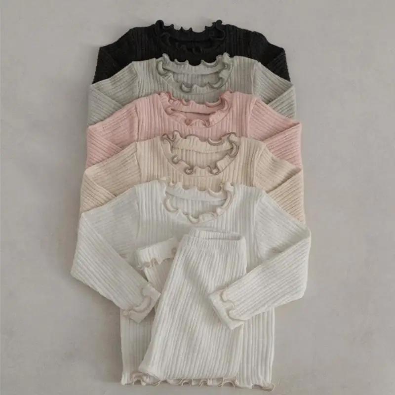 

2026 Spring New Baby Long Sleeve Home Clothes Set Infant Girls Solid Lace Tops + Pants 2pcs Suit Cotton Toddler Pajamas Outfits