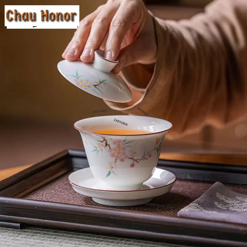 130ml Hand-painted Peach Blossom Gaiwan White Porcelain Three Talent Tea Tureen Tea Brewing Cover Bowl Tea Services Decoration