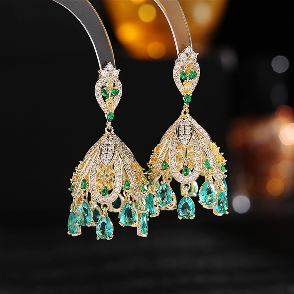 Luxury Green Cubic Zirconia Indian Gold Plated Gypsy Bell Dangly Drop Long Earrings for Women Party Costume Jewelry Accessories