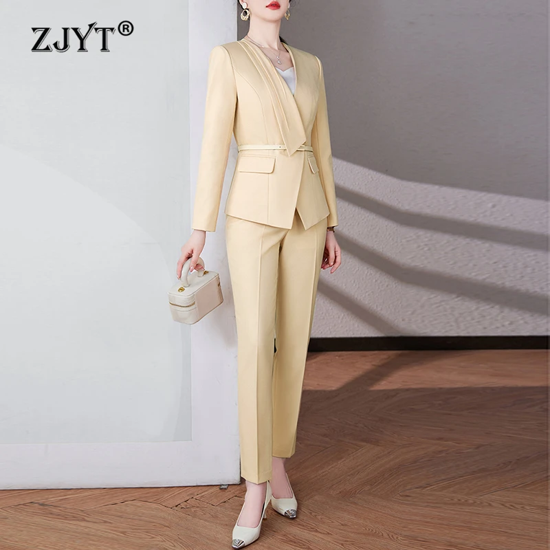 ZJYT Elegant Chic Women\'s Blazer Pant 2 Piece Matching Set Autumn Korean Fashion Jacket Trousers Office Lady Work Outfit Yellow