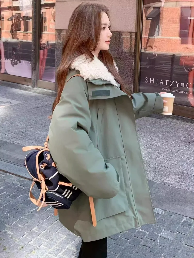 Lamb Fur Inner Lining Down Cotton Jacket For Women's Winter New Style Warmth Thick Coat Windbreaker Outerwear W1183