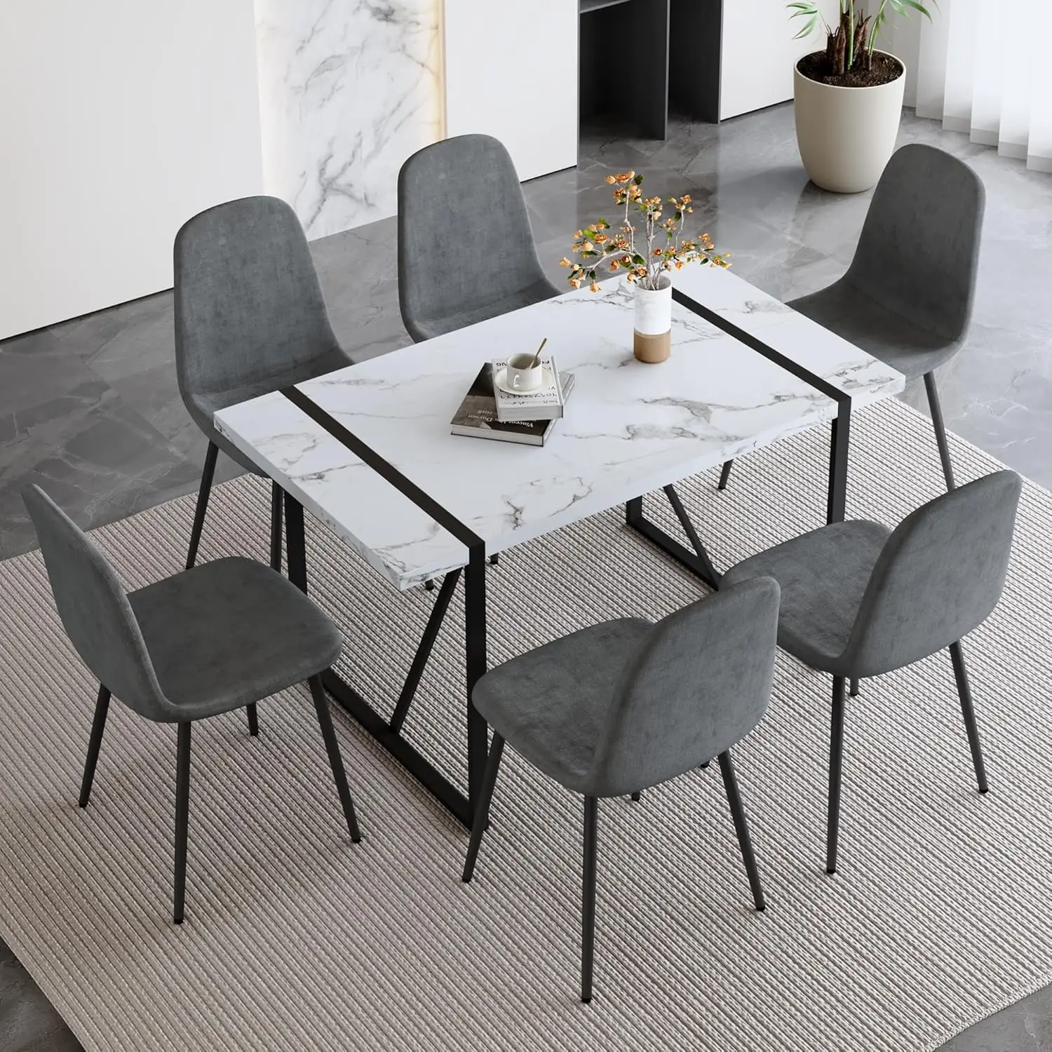 7 Piece Dining Table Set for 6,Modern Rectangle Dining Table and Fabric Dining Chairs 6,Kitchen Table and Chairs for 6,Ideal