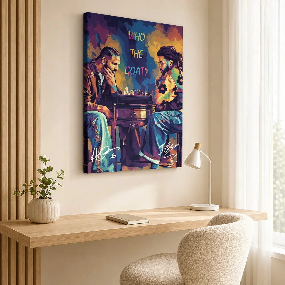 Drake And J Cole Play Chess Framed Canvas Print Customized Photo Geometric Color Blocking Wall Art For Home Listening Lounge