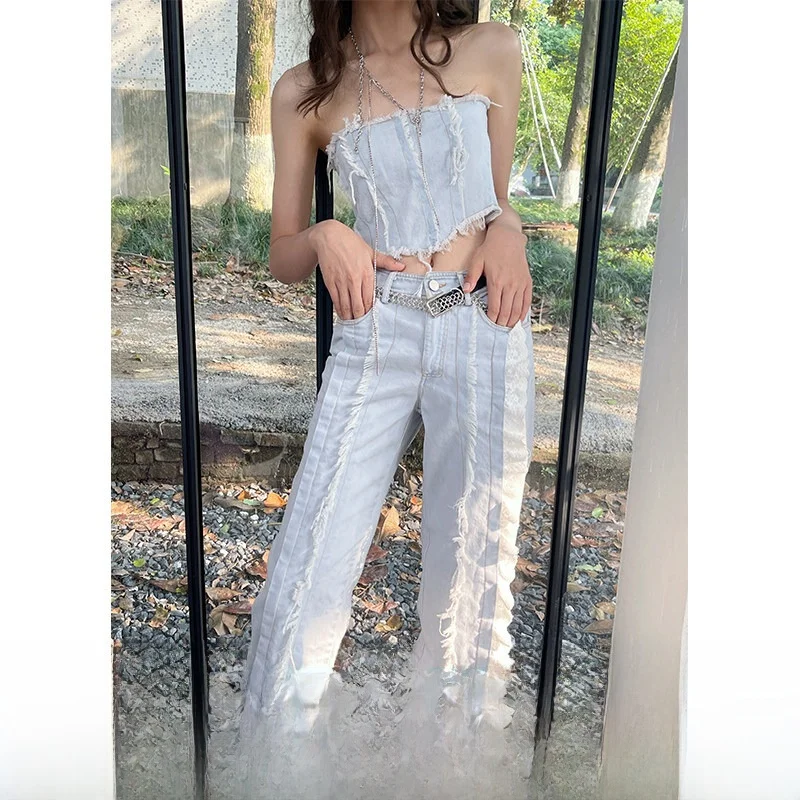 

Джинсы женские с оригинальным дизайном, с оборками по низу, светло-голубые, с цветочным принтом, с высокой талией, осенне-зимние