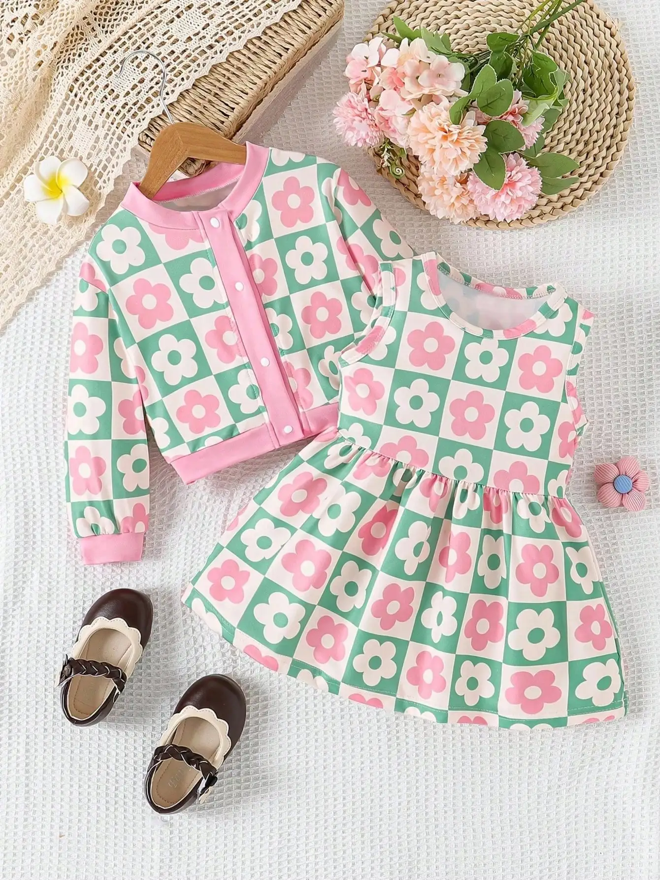 Four season children's clothing set, casual floral print long sleeved cardigan top+floral print sleeveless dress set