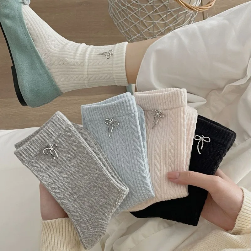 

Женские элегантные вязаные носки с бантом, мягкие дышащие носки из смесового хлопка средней длины, милые повседневные носки для ежедневной носки