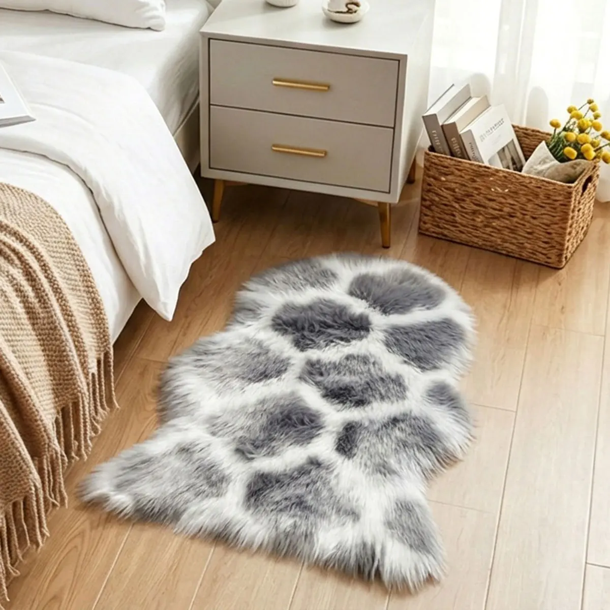 A faux wool contrasting cow patterned irregular carpet, decorative floor mat for bedroom, cloakroom, and indoor atmosphere