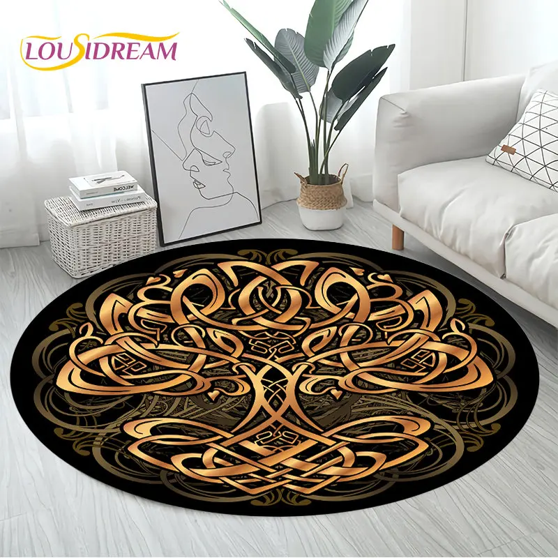 Viking Valknut Yggdrasil Sóc Cây Khăn Trải Tròn Thảm Thảm Cho Phòng Ngủ Phòng Khách Sofa Trang Trí, bé Chơi Chống Trơn Trượt Sàn