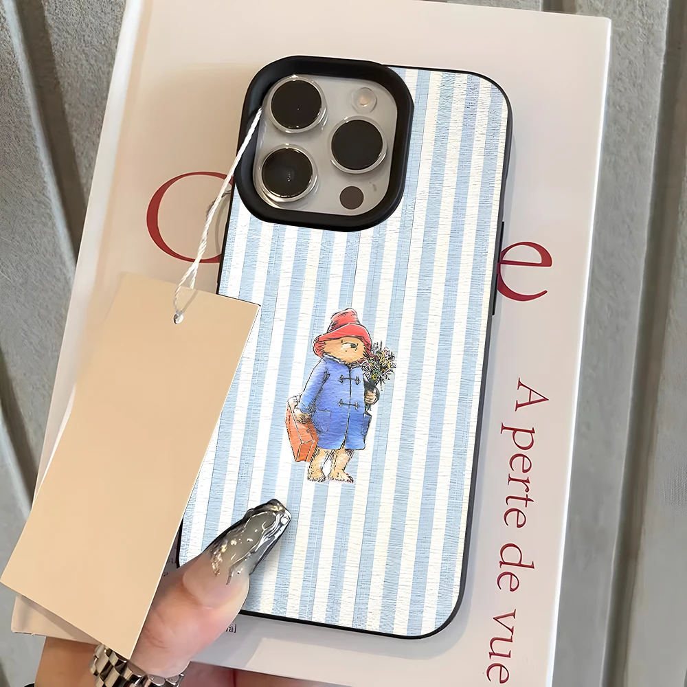 Candy Color Frame Paddington Bear Phone Case For iPhone 17 16 14 15 13 12 11 Pro Max 17Air 14 16 15 Plus XR Lychee pattern Cover