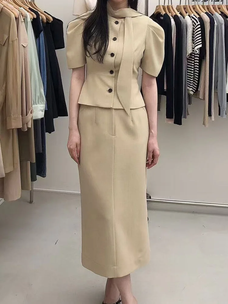 

Elegant High-End Suit Set Women's Spring Summer New Thin Short Sleeve Suit Top Half Skirt Two-Piece Set Polyester Fiber