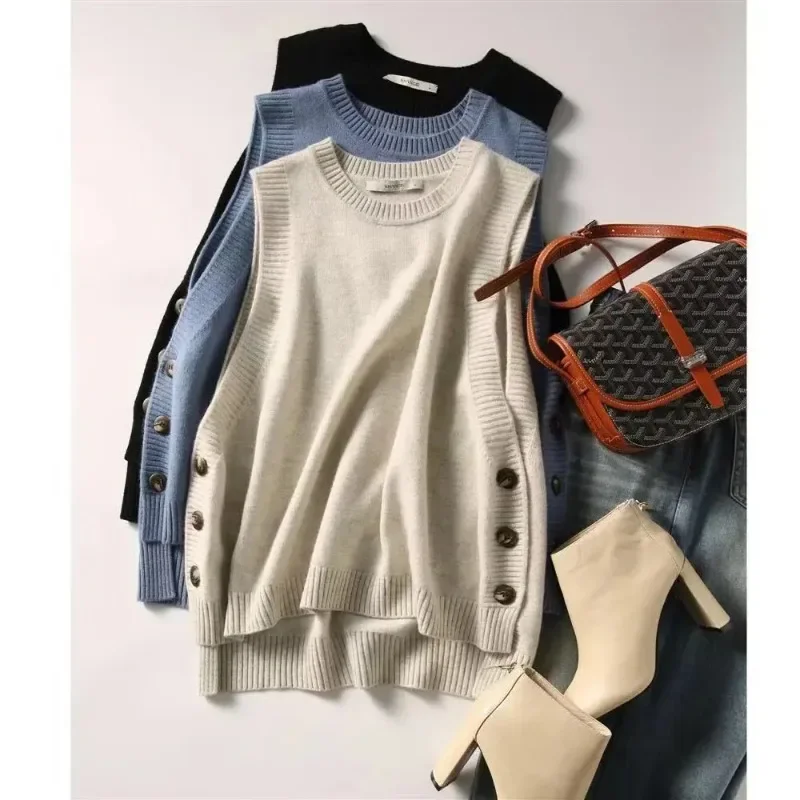 Spring Autumn Women\'s Solid Button V-Neck Sleeveless Casual Fashion Office Lady Elegant Tops Sweater Knitted Cardigan Vest Coats