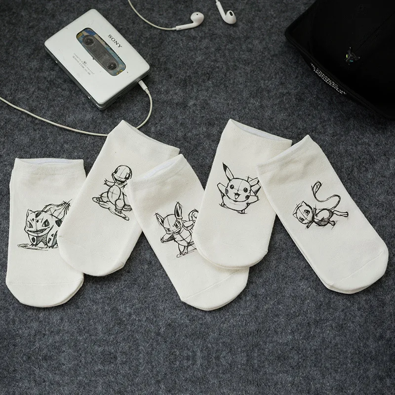 5 Pairs Pokemon Socks Pikachu Mew Charmander Bulbasaur Anime Black White Cotton Print Adult Boat Socks Low Heel Cartoon Gifts