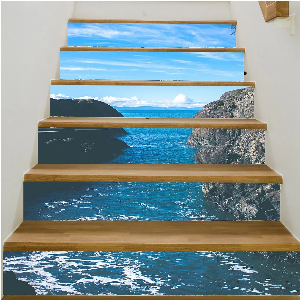 Sea Water Snow Mountain View Stair Sticker PVC Vinyl Decal Removable Self-adhesive Stair Treads Decoration Wallpaper Poster