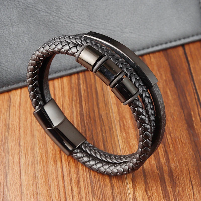 Cattlehide Double-deck Bracelets Male Magnetic Snap Stainless Steel Jewelry Trend 2024 Leather Rope Bracelet