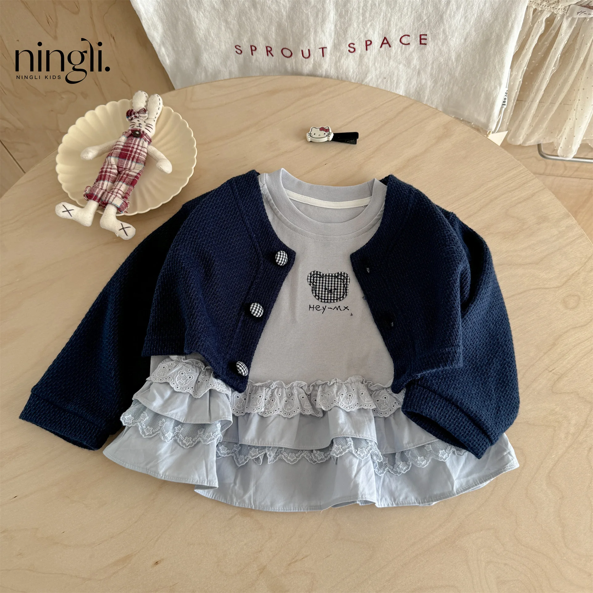 Spring Autumn Korean Version Sweet Baby Spliced Lotus Leaf Edge Fart Curtain Top Sweater Jacket New Two-piece Set