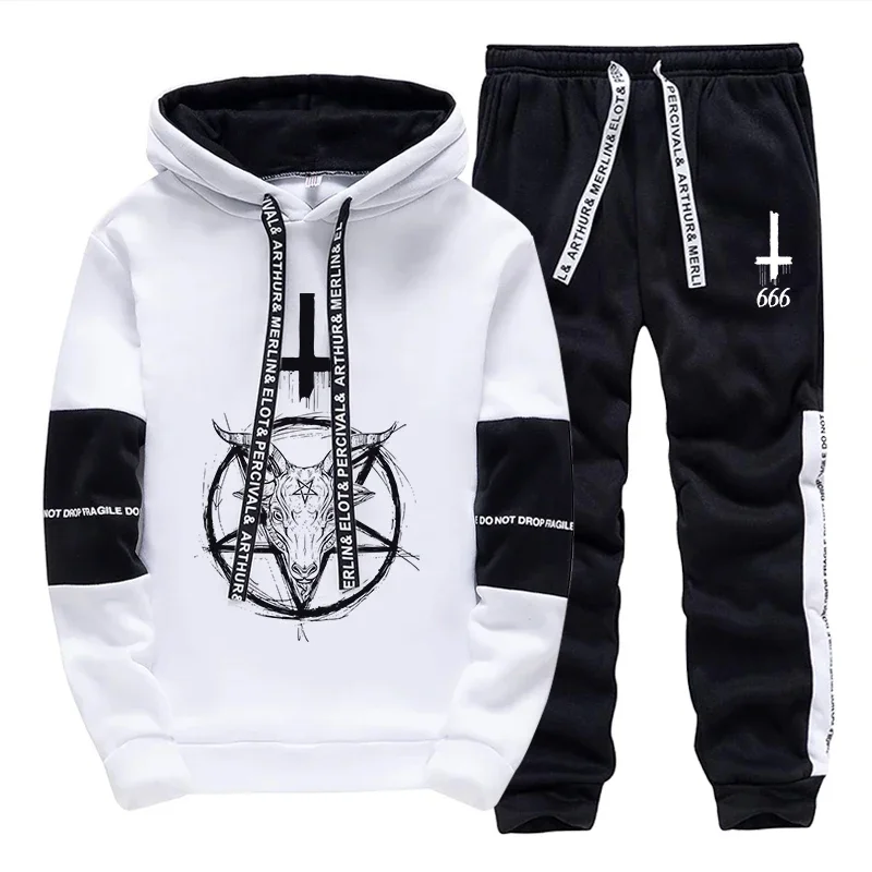 

Mens Satanic Inverted Cross Hoodie Sweatpants Tracksuit Winter Autumn Casual Sport Jogger Set Male Daily Outfit 666 Symbol Print