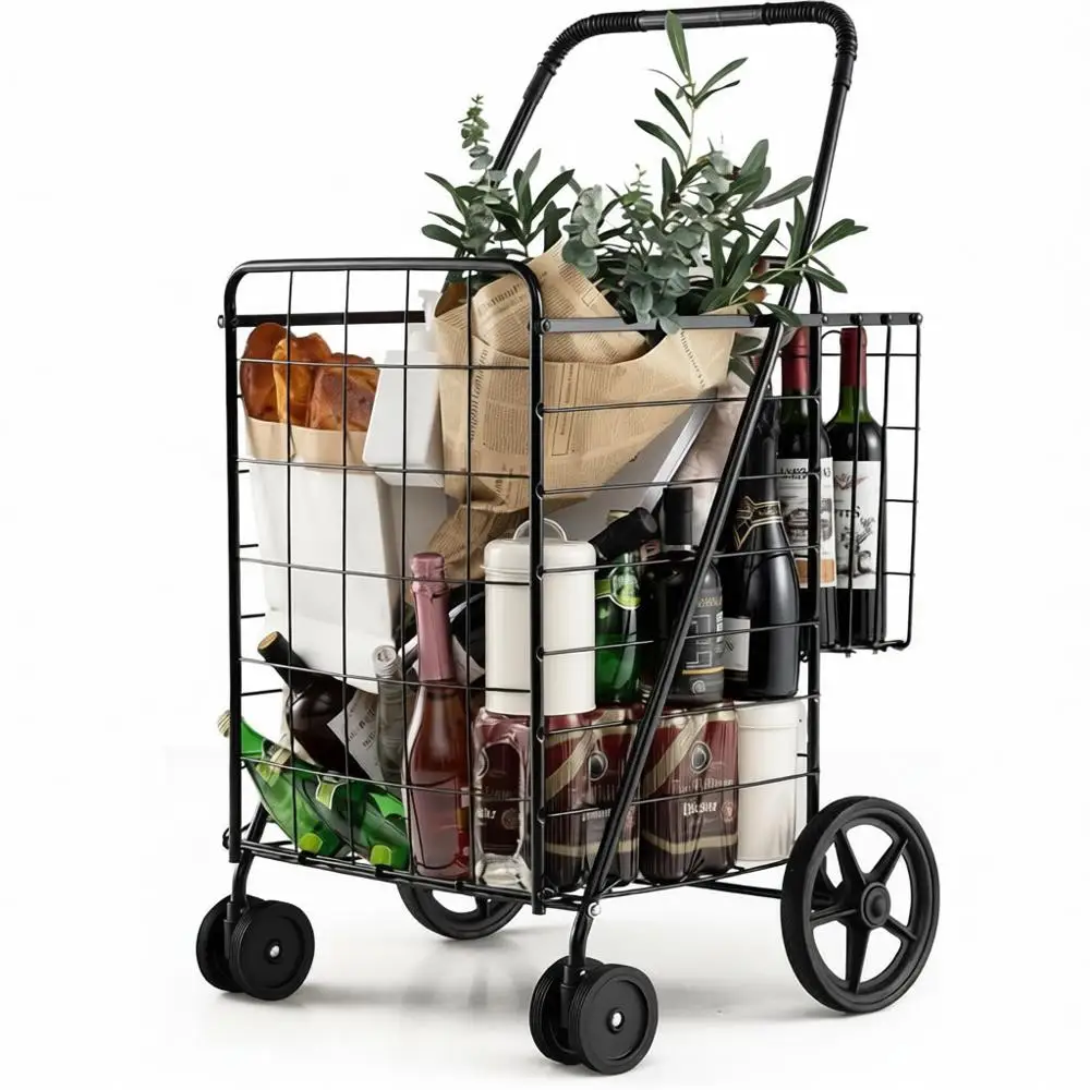 

Swivel Wheels Grocery Cart Double Basket Heavy Duty Utility Cart Laundry Book Large Travel