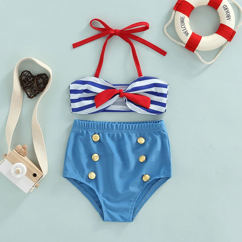 Yiiciovy Summer Cute Baby Girls Swimwear 2 Pcs Bowknot Bikini Set Summer Hanging Neck Striped Top Elastic Waist Button Shorts