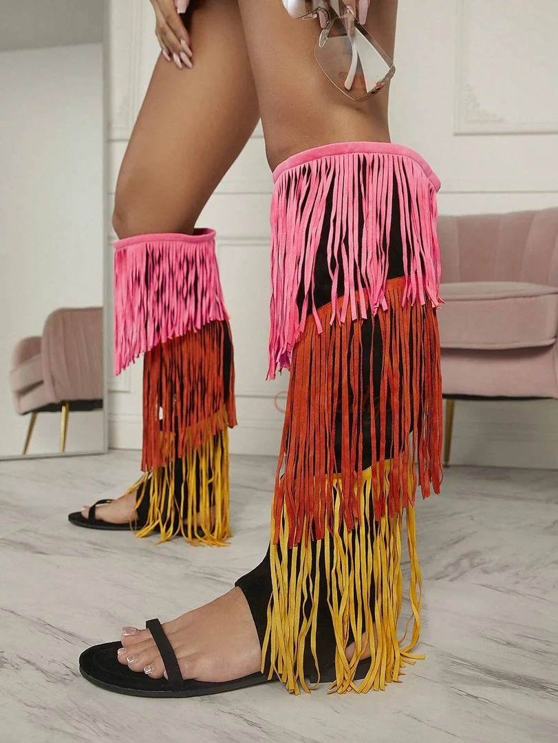 Sandalias hasta la rodilla con flecos de colores para mujer, zapatos planos con tiras de Punta abierta, botas elásticas sin cordones, nuevo estilo de verano