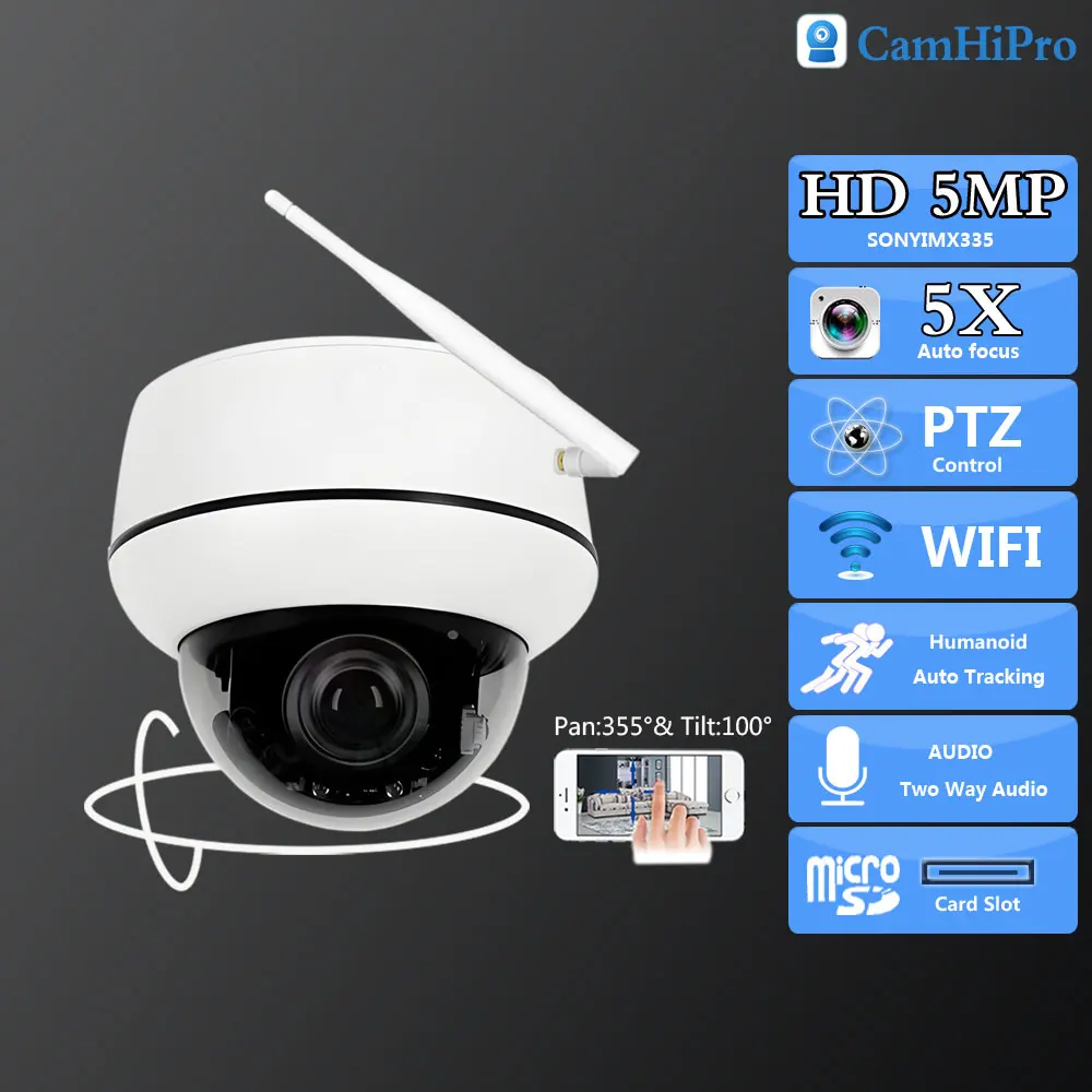 

MD SO-NY335 5MP WIFI PTZ Dome 5X Auto Zoom Surveillance Vedio 3.6MM Two Way Audio IR Night Version Waterproof Onvif TF Card Slot