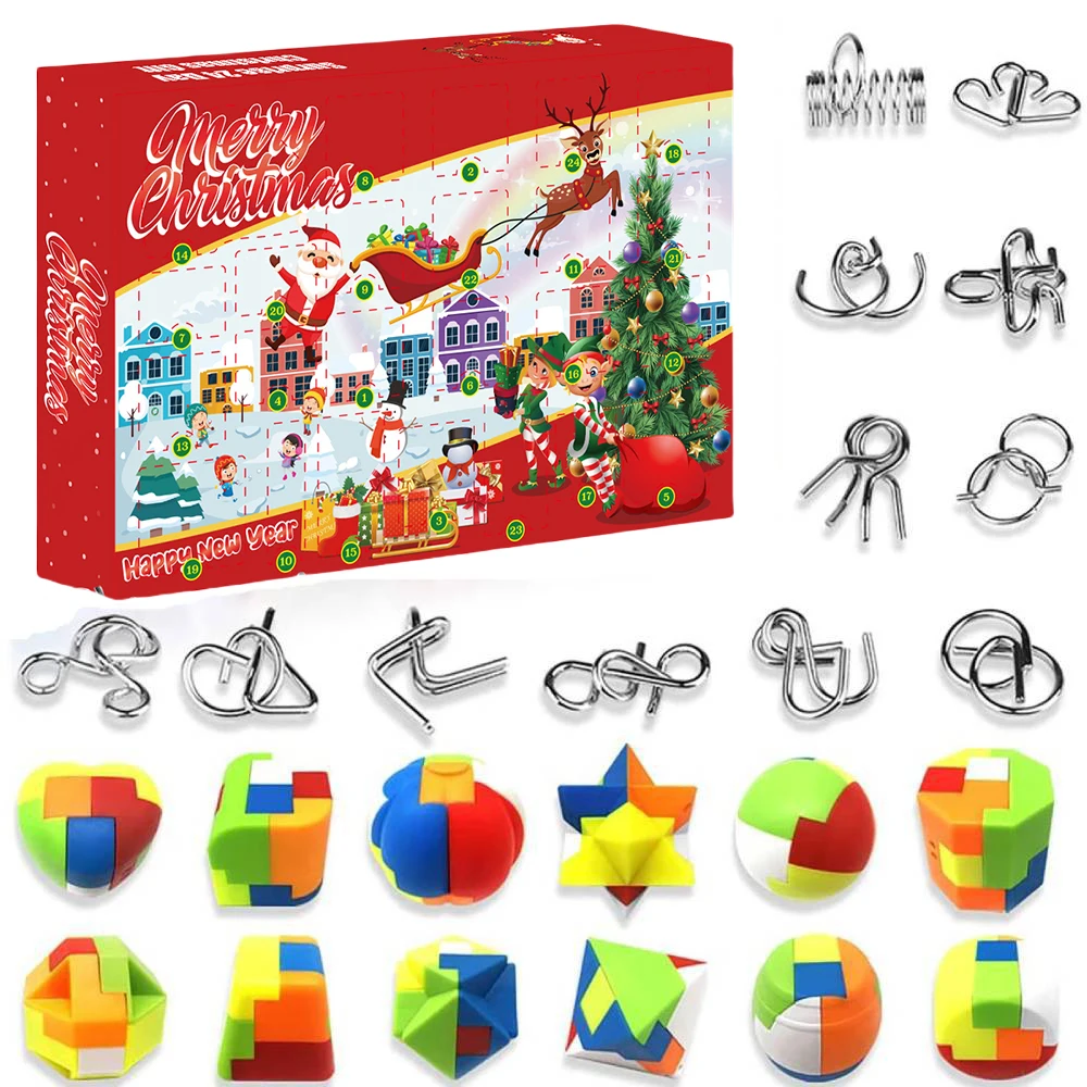 2024 Metal Puzzle Kit Advent Calendar 24pcs Brain Teaser Puzzles Christmas Countdown Calendar Box for Teens Kids New Year Gifts