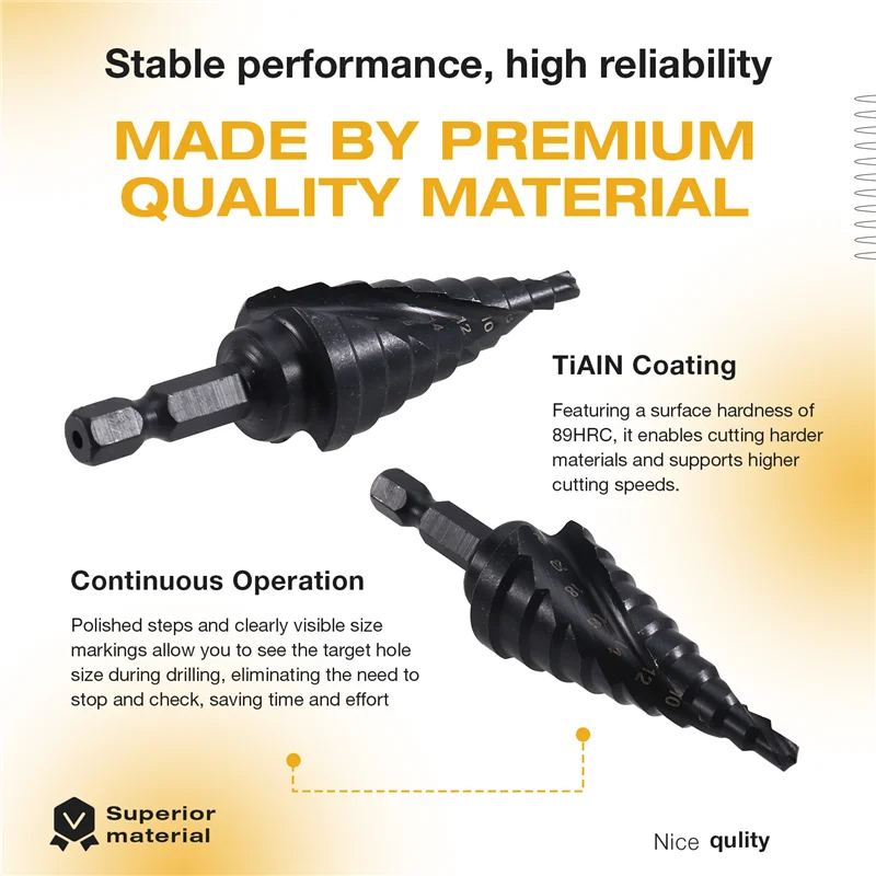 

A95I-ступенчатое сверло по металлу, 3/16"-7/8" (12 размеров шагов), кобальтовое сверло M35 с четырьмя спиральными канавками, ступенчатые биты с шестигранным хвостовиком 1/4 дюйма