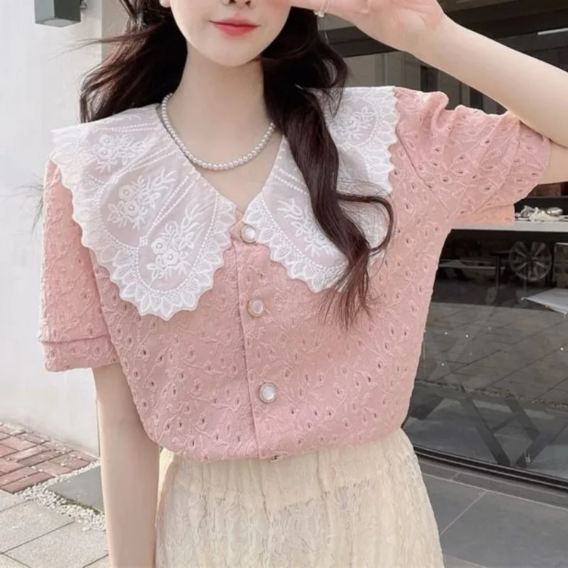 Blusas Mujer De Moda 2024 Summer New Chic Contrast Color Patchwork Peter Pan Collar Blouses Vintage Single-breasted Women Shirts