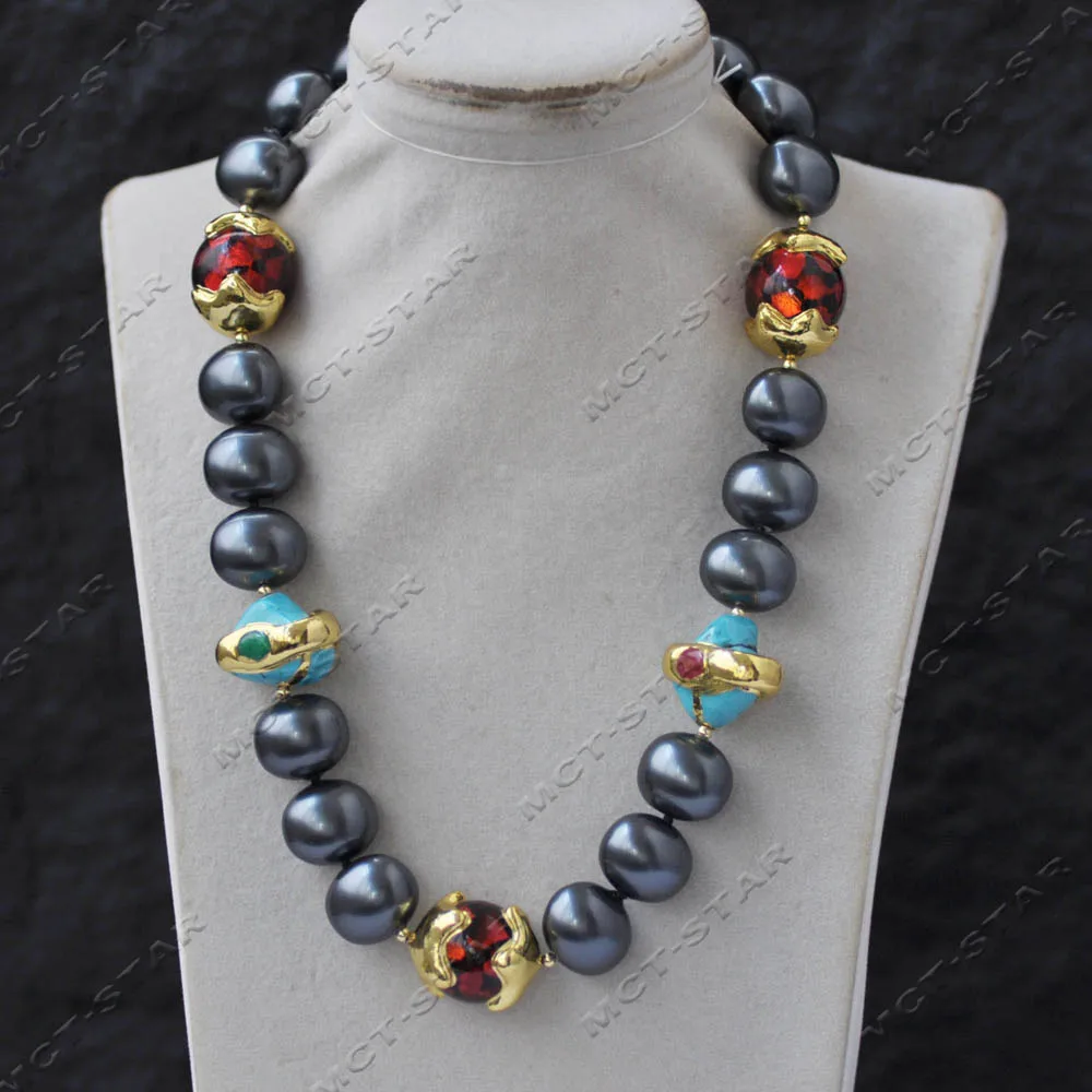 Z14303 19'' 25mm Red Flame Murano Glass Blue Baroque Turquoise Black Egg Shell Pearl Necklace