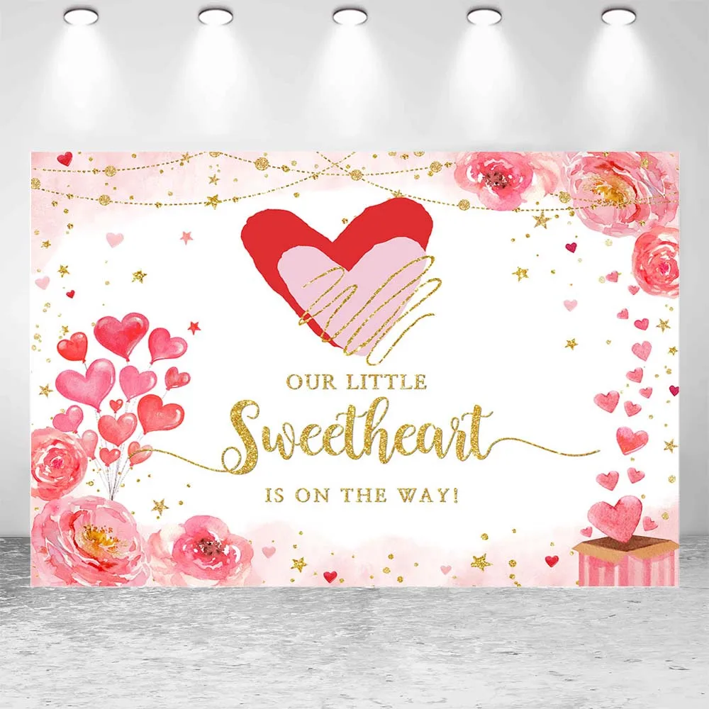 Mocsicka Baby Shower Background Red Pink Love Heart Girl Welcome Party Decor Backdrop Our Little Sweetheart Is On The Way Banner