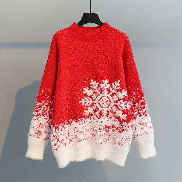 2023 Herbst Rundhals ausschnitt Langarm Schneeflocke Weihnachten stricken Neujahr Damen pullover