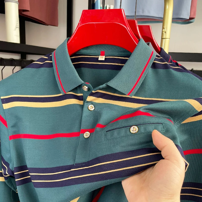 

Light luxury striped men long sleeve polo shirt fashion personality button pocket high-quality spring autumn comfort new T-shirt