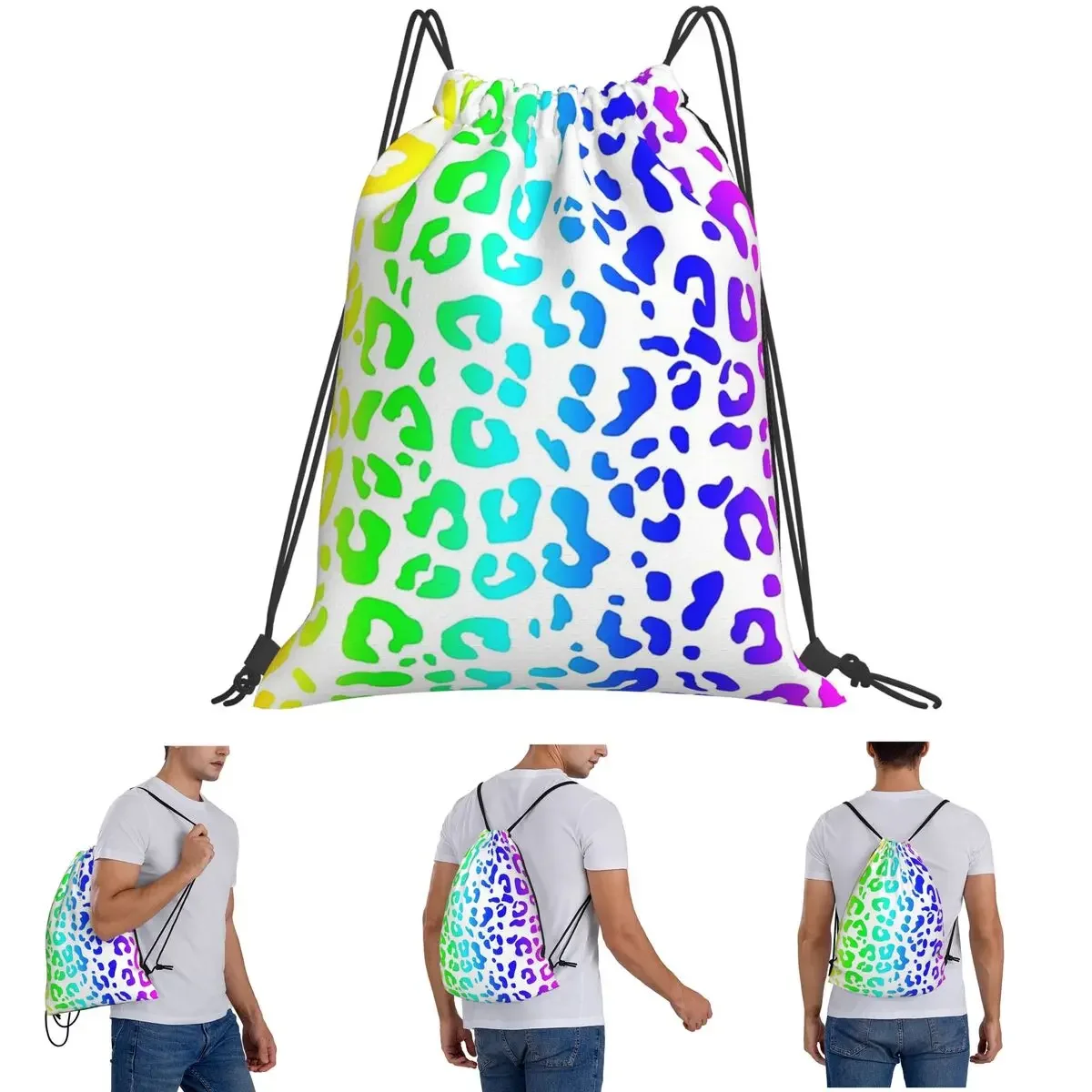 

Рюкзаки с радужным и белым пятном и леопардовым принтом, повседневные портативные сумки на шнурке, спортивная сумка, сумки для книг для мужчин и женщин, студентов