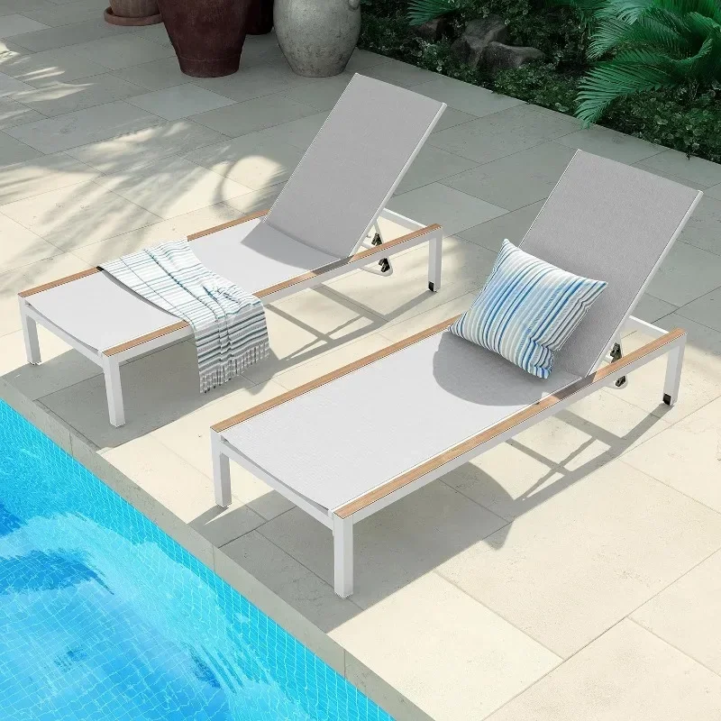 

K Outdoor Chaise Lounge Set of 2 Mesh Sling Lounge Chairs with Woodgrain Texture, Portable Wheels &4 Adjustable Reclining Backre
