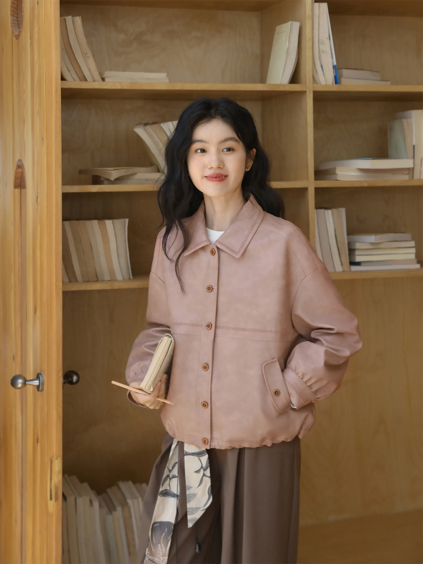 

Nesoulum Rose Pink Embroidered PU Leather Jaet Women's Spring Artistic Retro Loose Commute Sle Biker Coat