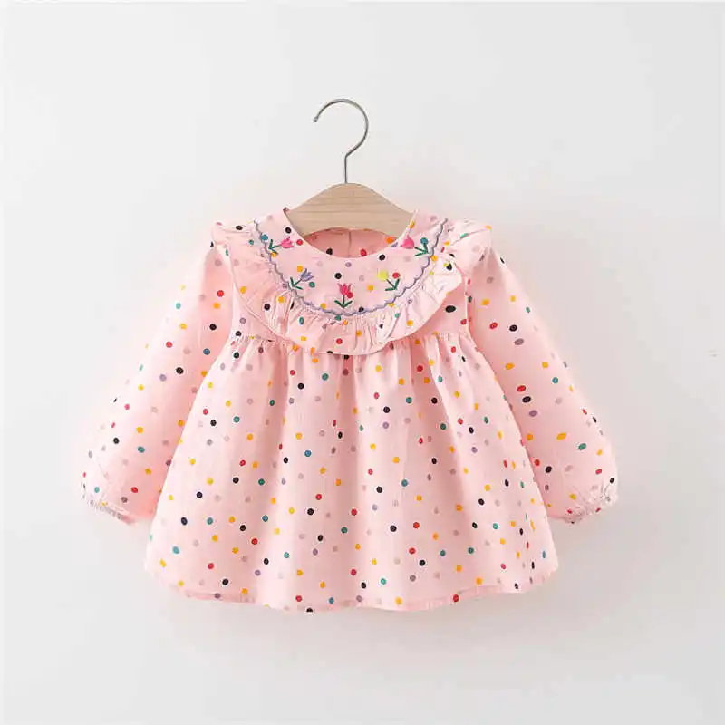 (0-3 Years Old Girls) Autumn/Winter New Girls\' Dress Lapel Lace Pleated Embroidery Tulip Color Polka Dot Sweet Princess Dress