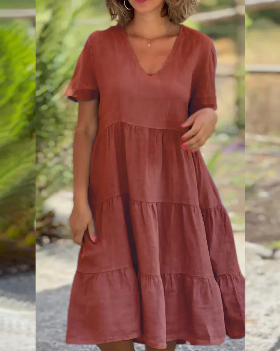 Rose Red Cotton Linen Casual Women\'s Dresses 2024 Spring Summer Sweet Short Sleeve Solid V-neck Large Swing Loose Ruffles Dress