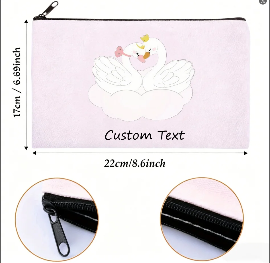 1PC Custom Text Couple Crown Swan Cosmetic Bag Personalized Canvas Zipper Makeup Storage Pouch