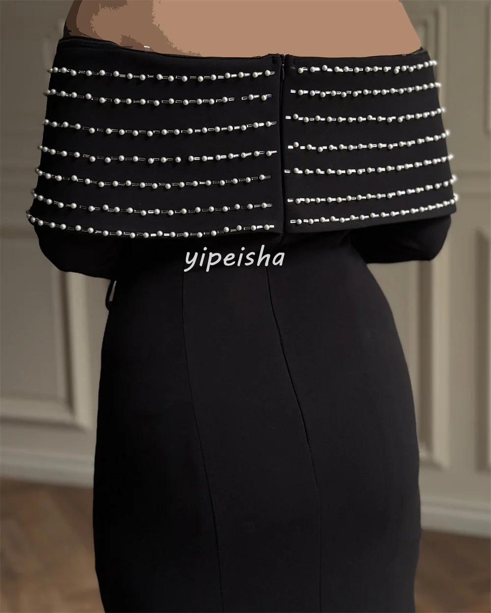 Op maat gemaakte prachtige casual jersey parel sjerp strass zeemeermin off-the-shoulder lange jurken op maat gemaakte gelegenheidsjurken mode