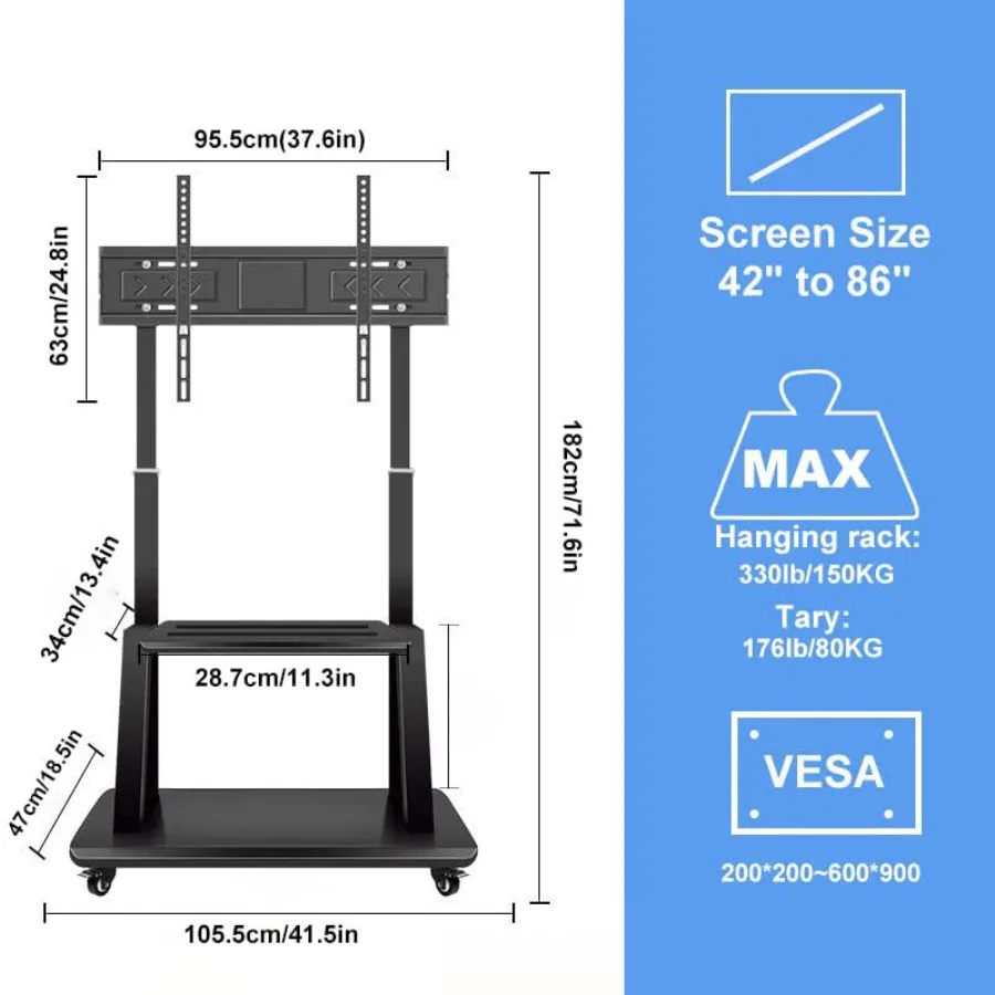 عربة تلفزيون متنقلة مع قاعدة حامل أرضية شديدة التحمل قابلة للتعديل على عجلات لشاشات لوحة مسطحة LED OLED مقاس 4286 بوصة وSM