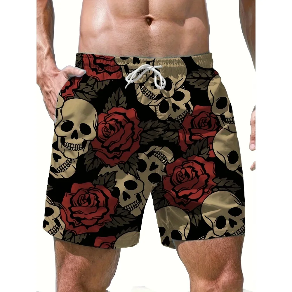 Skulls & Roses Pattern Allover Print Men's Loose Beach Shorts Activewear, Drawstring Quick Dry Shorts, Lightweight Shorts