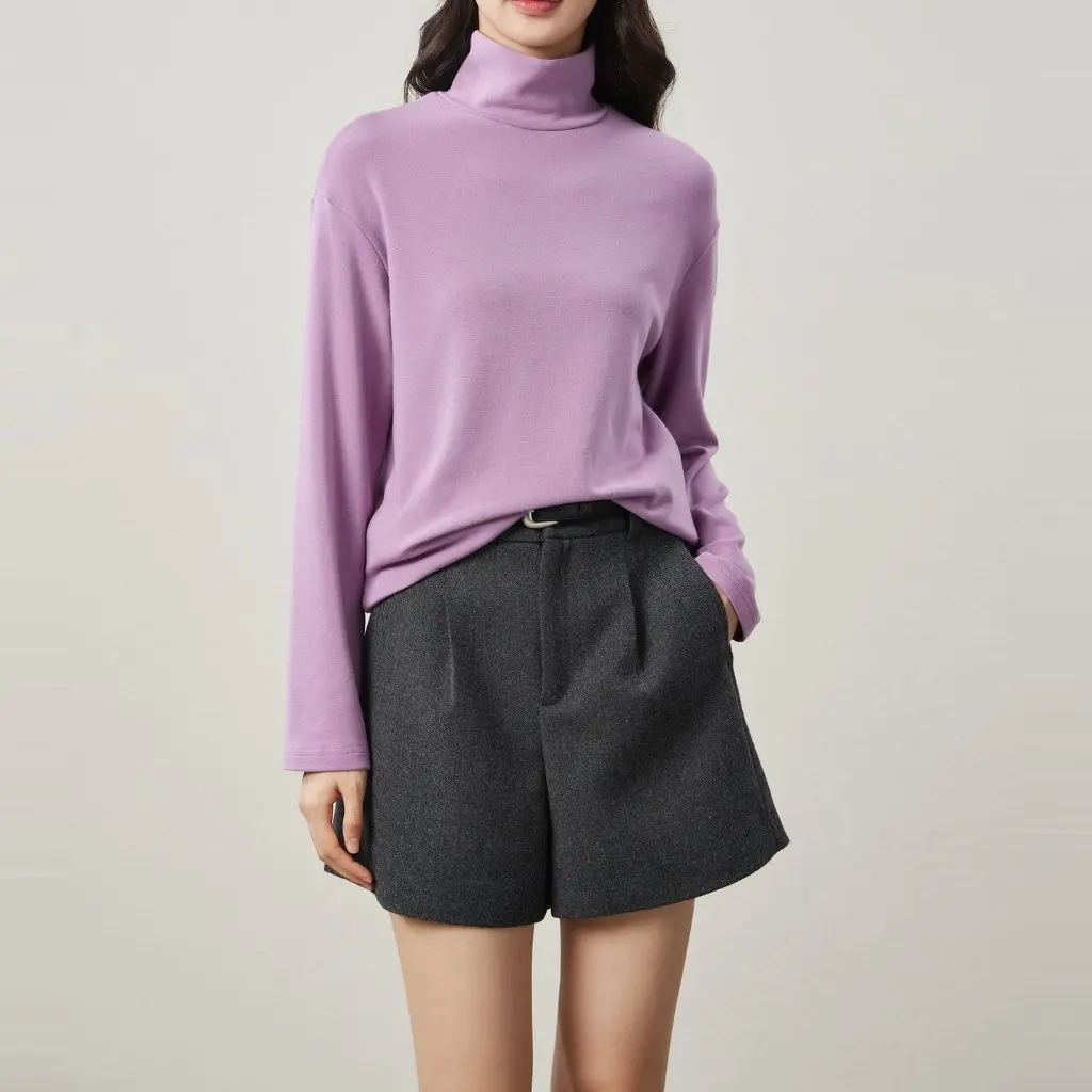 

BI Thermal Storage Fleece-Lined Fabric T-shirt High Neck Long Sleeve All-match Solid Color/Striped for Winter Wardrobe New