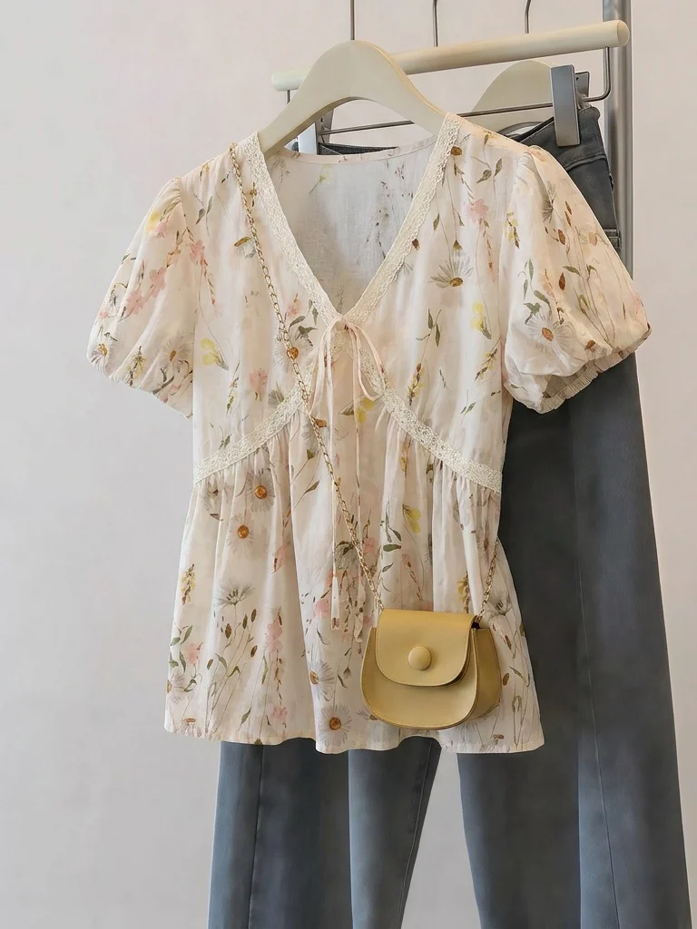 

Stylish Floral V-neck Shoulder-Length Bubble Sleeve Shirt Women's plus Size Beautiful Doll Shirt Top Korean Style Commute Wind