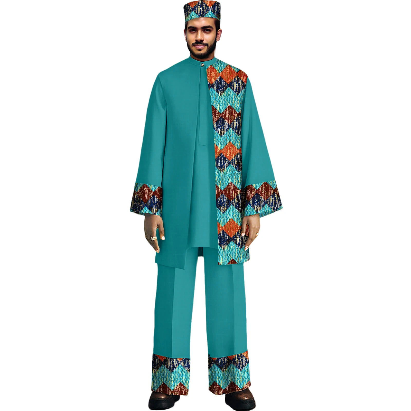 

African Suit For Men Traditional Dashiki Kente Print Jacket Shirts Pants Hats 4 Piece Outfits Set Nigerian Attrie Clothing