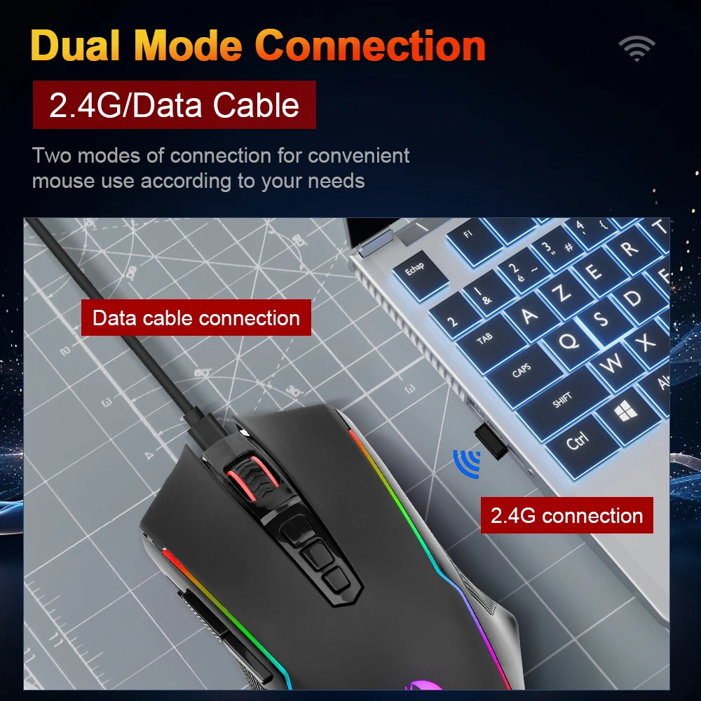 REDRAGON RANGER LITE M910-KS RGB USB 2.4G ماوس ألعاب لاسلكي 8000 ديسيبل متوحد الخواص 10 أزرار قابلة للبرمجة لألعاب الكمبيوتر والفئران والكمبيوتر المحمول
