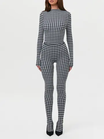 Women's fashionable printed high neck long sleeved sexy high waist slim fit jumpsuit