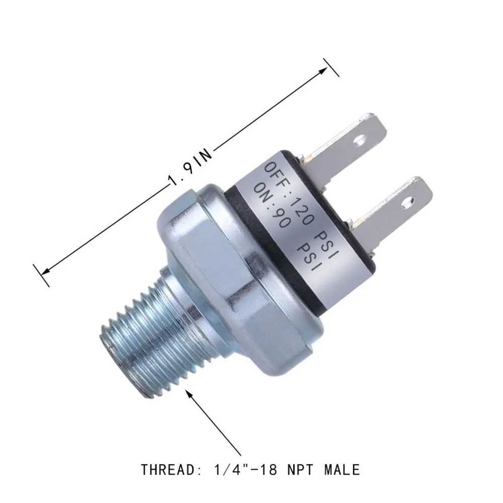 Pressostato de Ar para Compressor, Prateado Pressostato, 1/4 em NPT, Rosca Macho, Facilmente, 24V, 12V, 90-120 PSI